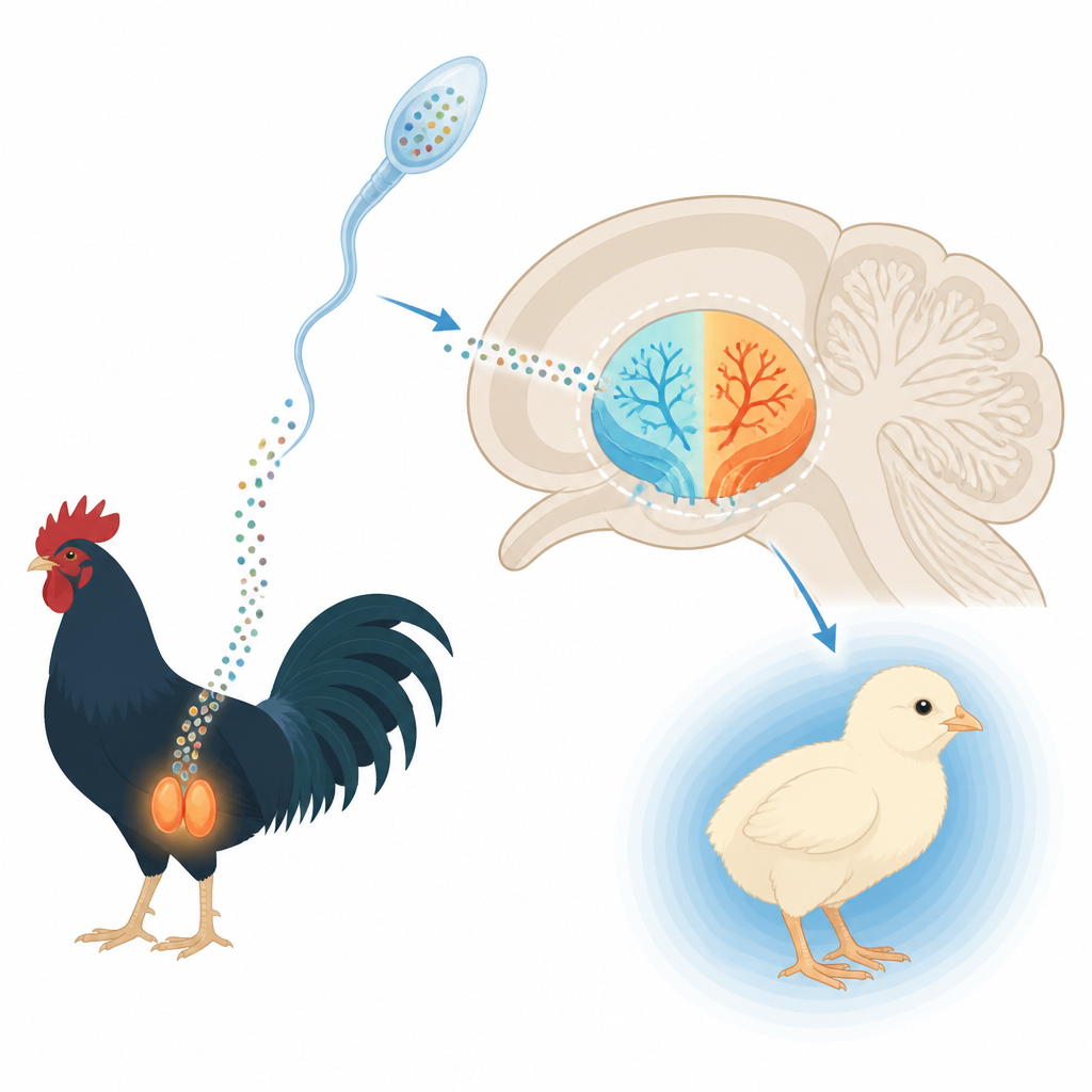 Figure 2. I segnali plasmati dal calore nello sperma riprogrammano i circuiti cerebrali di raffreddamento nei pulcini, modulando l’attività genica per mantenere la temperatura corporea più stabile.