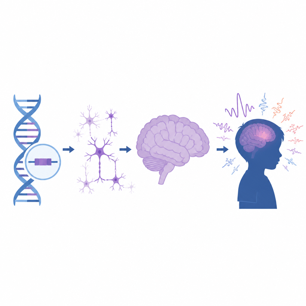 Figure 1. Cómo un pequeño cambio en un gen que construye el cerebro puede provocar convulsiones tempranas y retraso del desarrollo en niños.