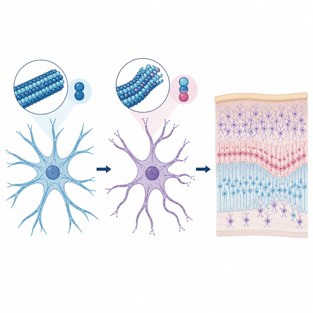 Figure 2. Cómo la alteración del andamiaje celular cerebral dificulta el crecimiento y la organización celular, provocando estructura cerebral anormal y epilepsia.