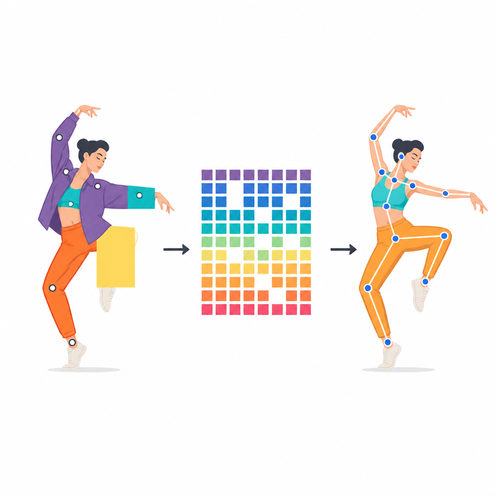 Figure 1. Van een deels verborgen danser naar een schone digitale figuur die het volledige gereconstrueerde bewegingspad toont.