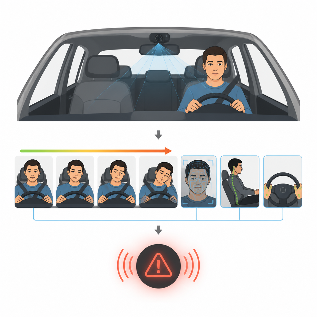 Figure 1. Telecamere interne all’auto tracciano postura, viso e mani del conducente per individuare sonnolenza e attivare un avviso di sicurezza.