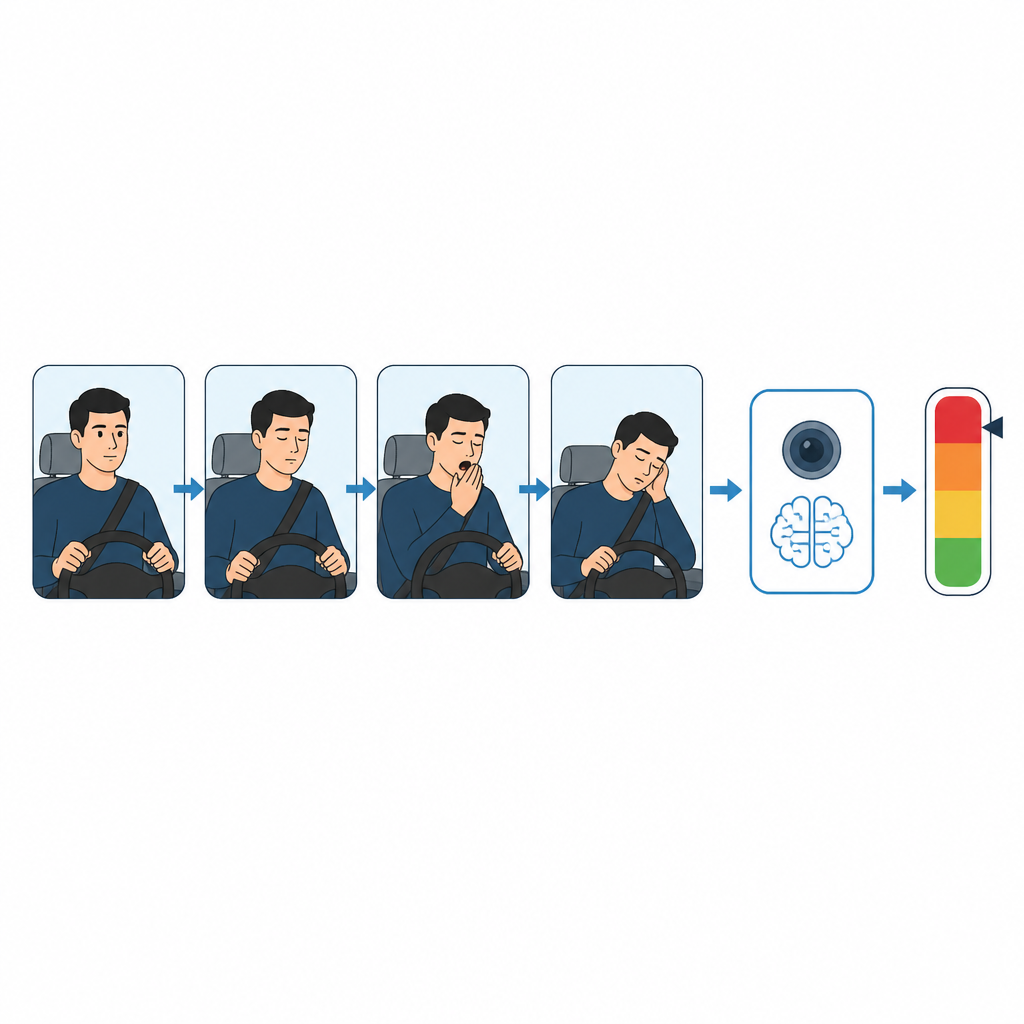 Figure 2. Variazioni progressive di occhi, inclinazione della testa e presa del volante nel tempo rivelano quando un conducente passa dallo stato vigile a quello di stanchezza.