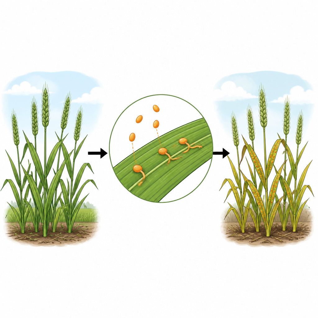 Figure 1. How wheat leaf rust spores wake up on leaves and turn healthy plants into rust-damaged crops.