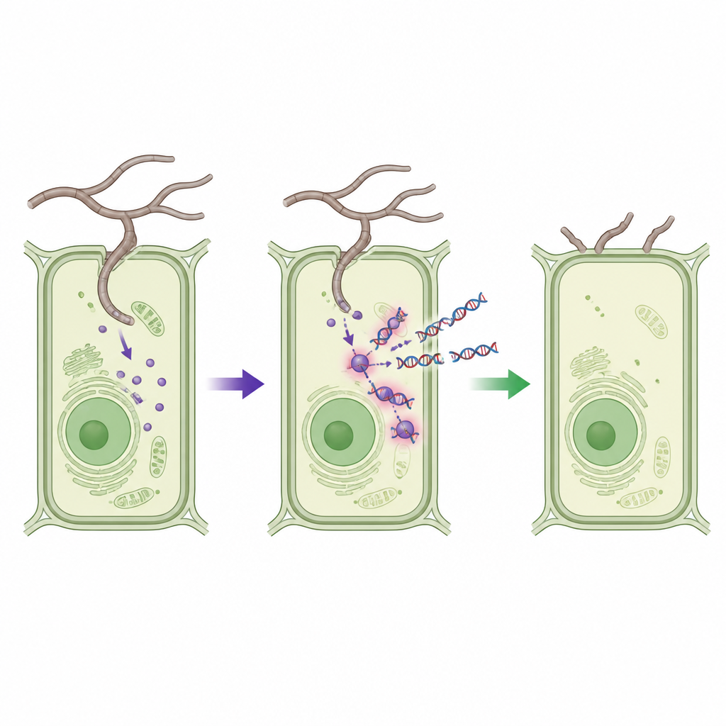 Figure 2. How turning off one fungal attack protein inside wheat cells slows infection and protects the leaf.