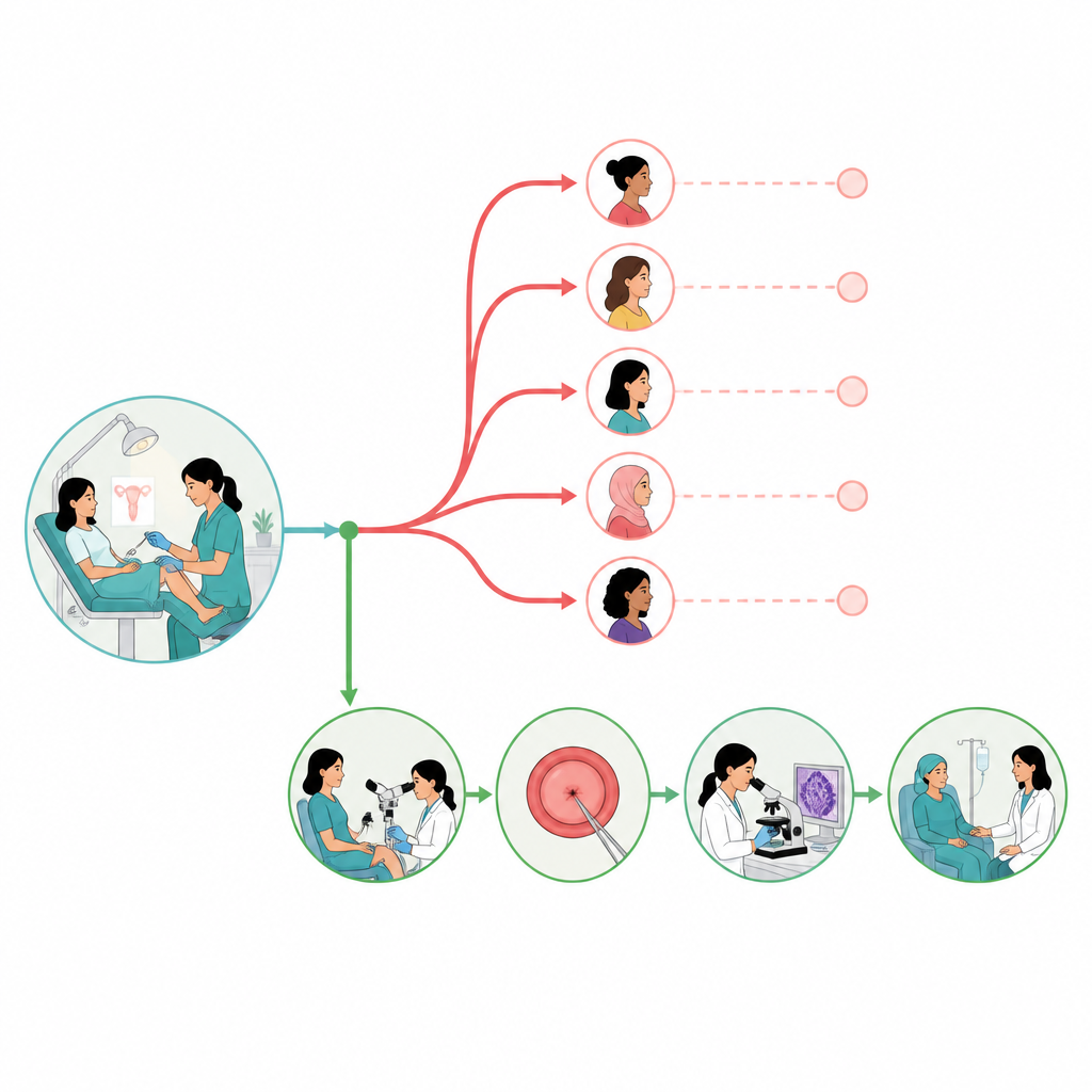 Figure 2. Stapsgewijze route van screening naar vervolgonderzoeken, die laat zien waar veel vrouwen uitvallen voordat diagnose en behandeling plaatsvinden.