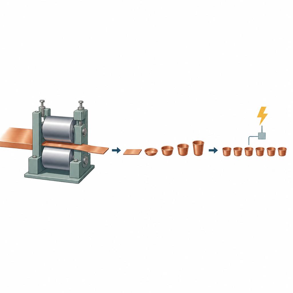 Figure 1. De tira gruesa de cobre a micro-copas precisas con menos fuerza y desperdicio mediante ajuste virtual inteligente del proceso.