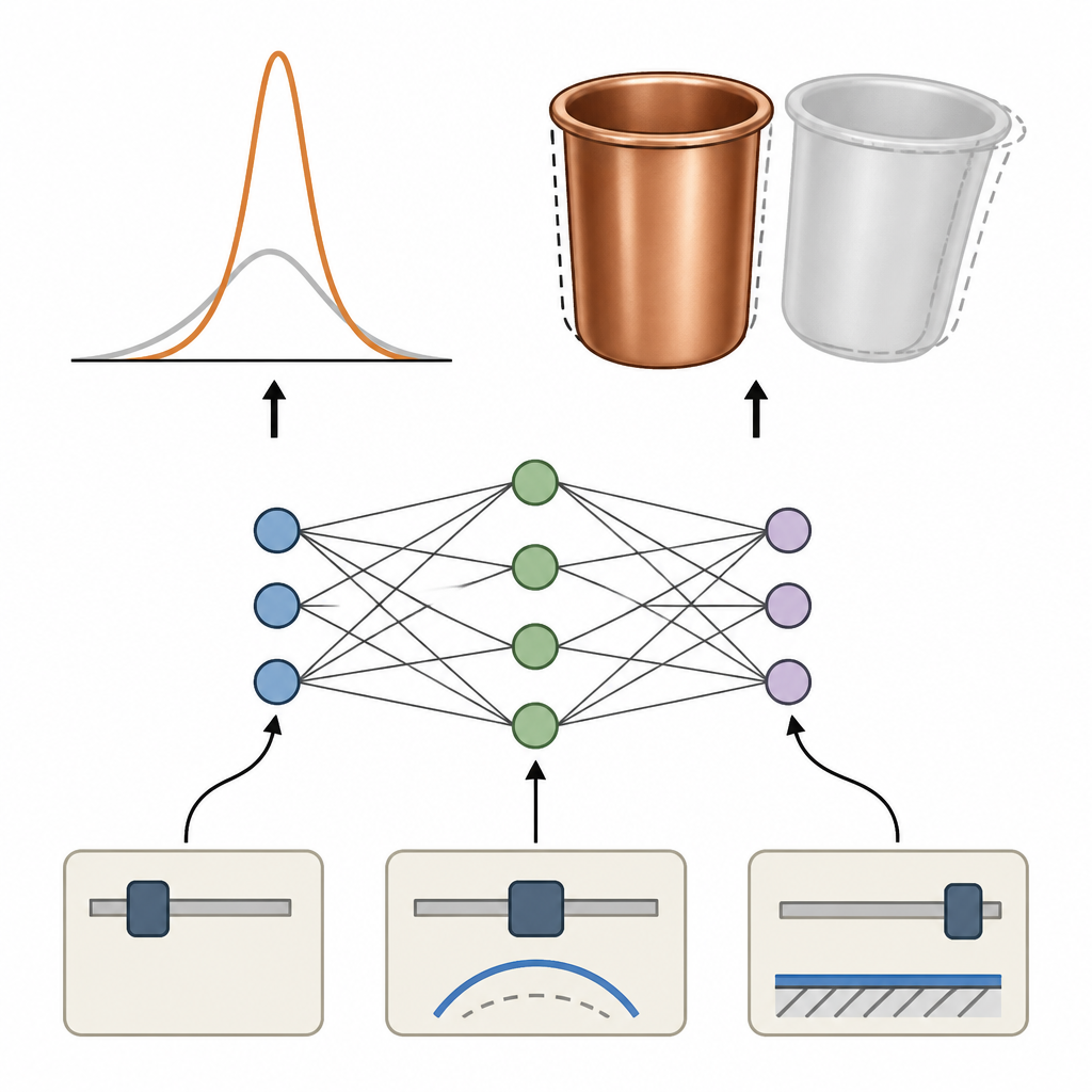 Figure 2. Cómo los ajustes optimizados se transmiten a través de un modelo de IA para lograr menor fuerza de conformado y copas de cobre con rebote elástico reducido y más uniforme.