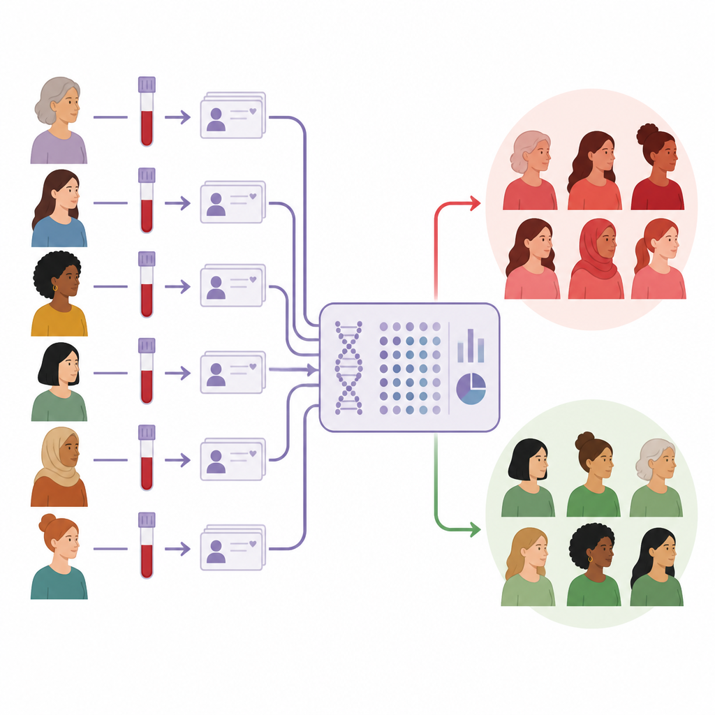 Figure 1. Un análisis de sangre más datos básicos de salud clasifica a las mujeres en grupos de mayor o menor riesgo hereditario de cáncer.