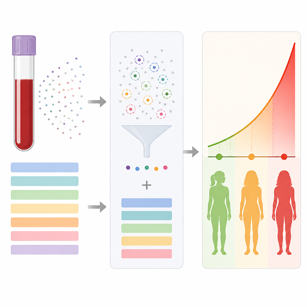 Figure 2. Flujo desde señales de microARN sanguíneo y factores de salud a través de un filtro hacia niveles crecientes de riesgo futuro de cáncer de ovario.