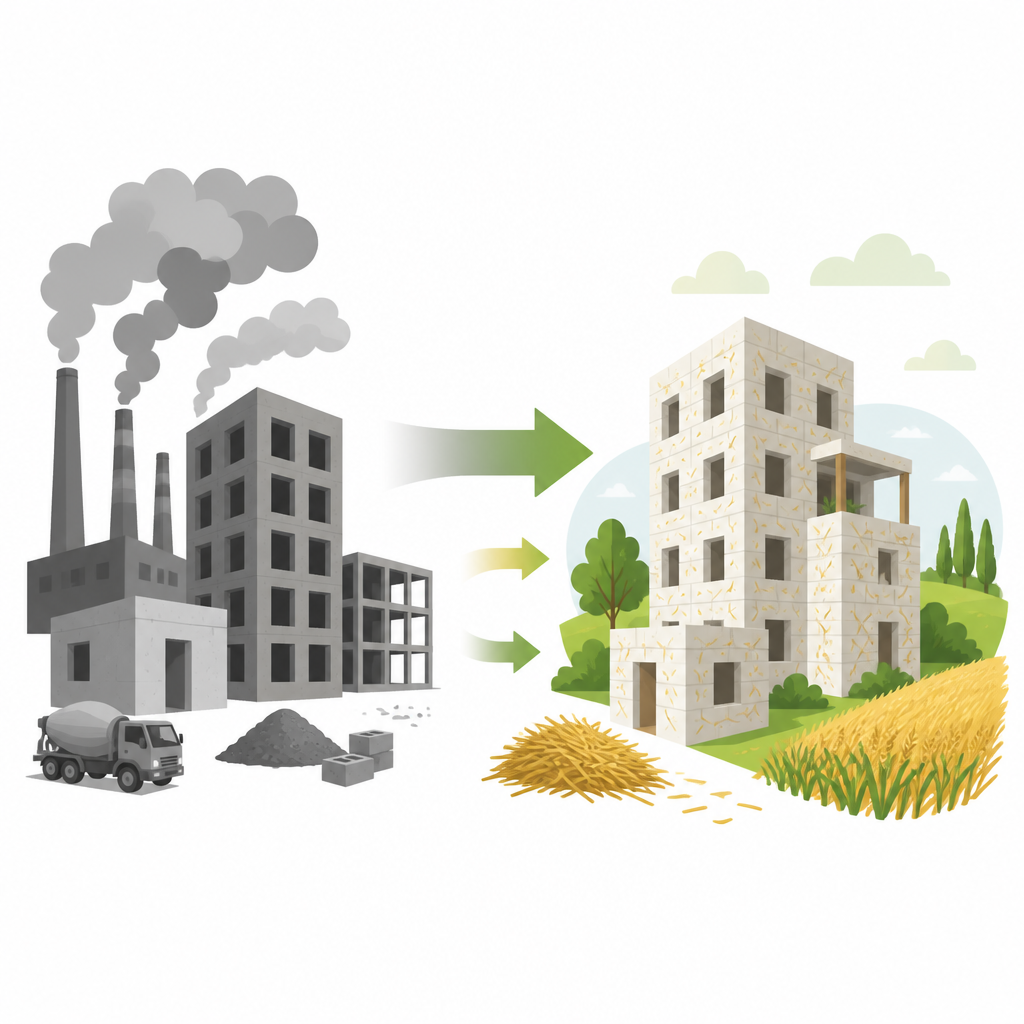 Figure 1. Hoe tarwestro en gips een deel van beton kunnen vervangen om emissies te verminderen en landbouwafval her te gebruiken in groenere gebouwen.