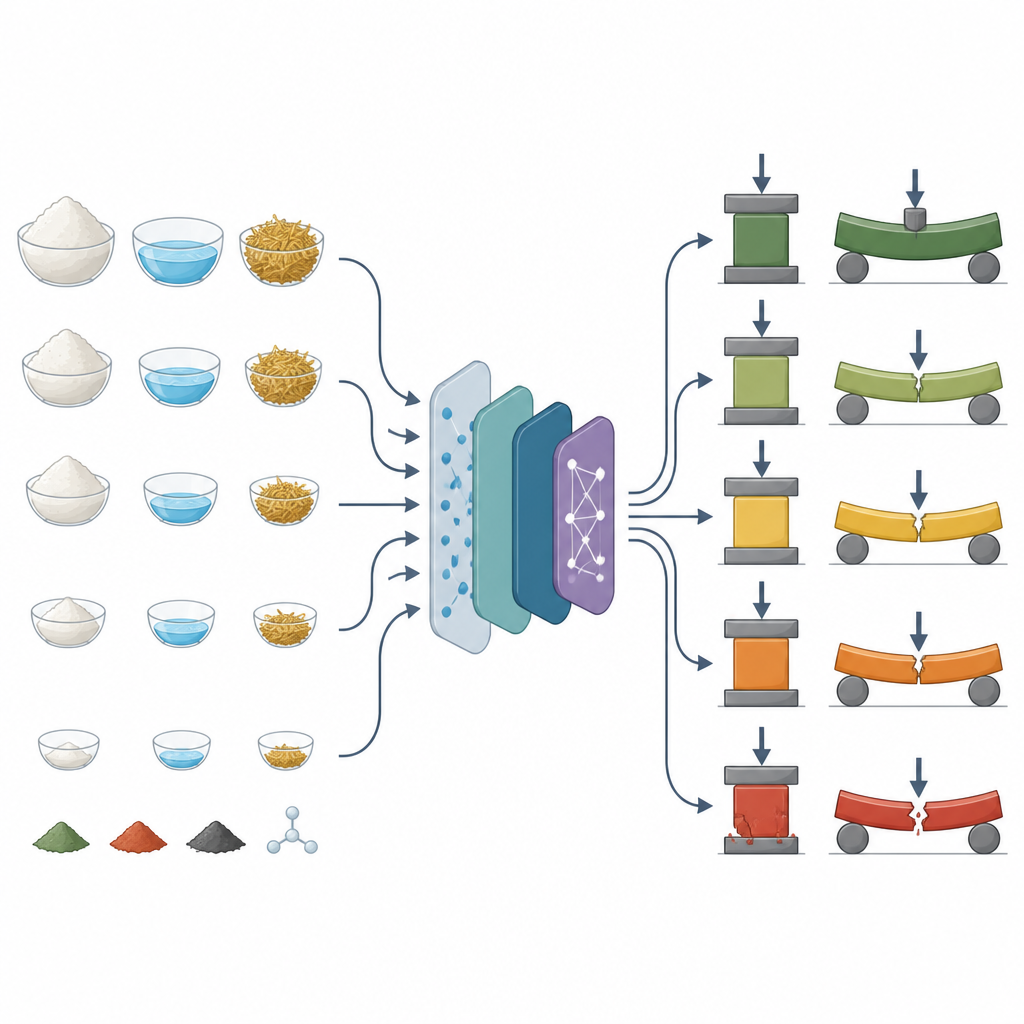 Figure 2. Hoe ingrediëntenmengsels door een machine-learningmodel stromen om te voorspellen hoe sterk stro–gipsblokken zullen zijn.