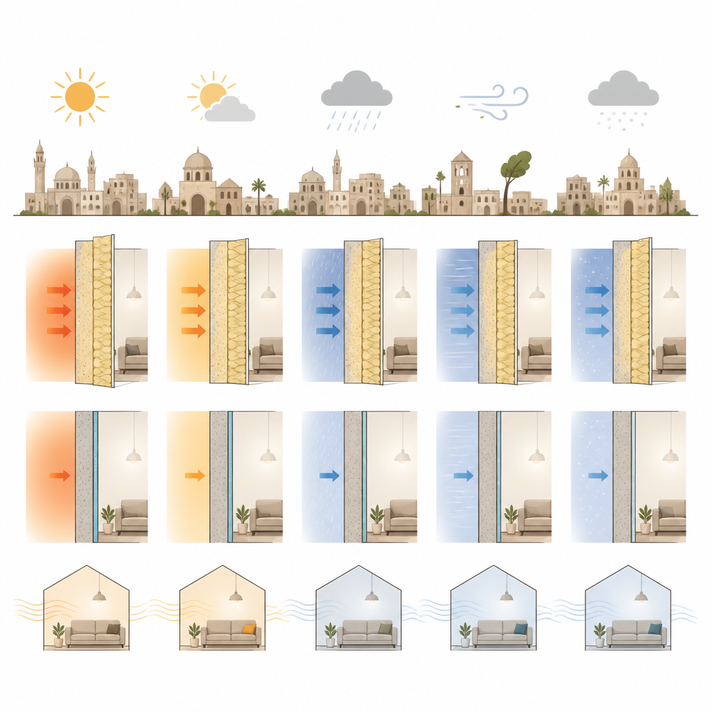 Figure 1. Cómo las elecciones de aislamiento de paredes y su espesor en ciudades sirias afectan las facturas de energía, el espacio interior y la contaminación.