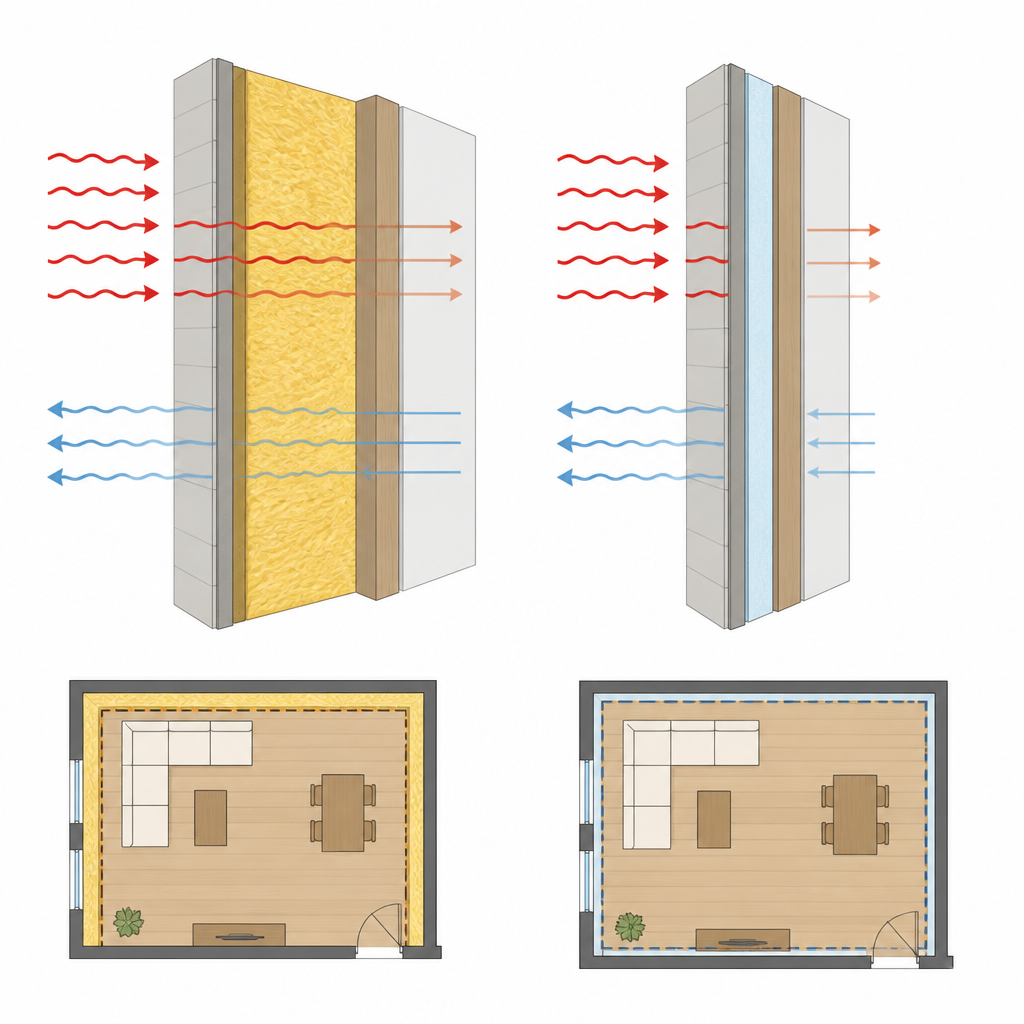 Figure 2. Visión paso a paso del flujo de calor a través de capas de pared gruesas frente a ultrafinas de aerogel y el espacio adicional que crean las paredes delgadas.