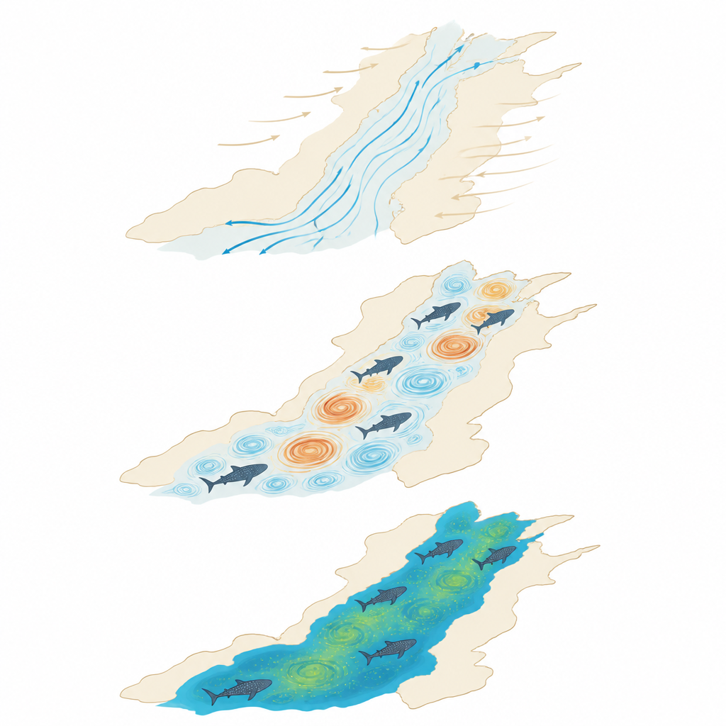 Figure 1. כרישי לווייתן בים האדום עוקבים אחרי מבני ים מסתחררים שבהם תנועת המים יוצרת נקודות האכלה חבויות.