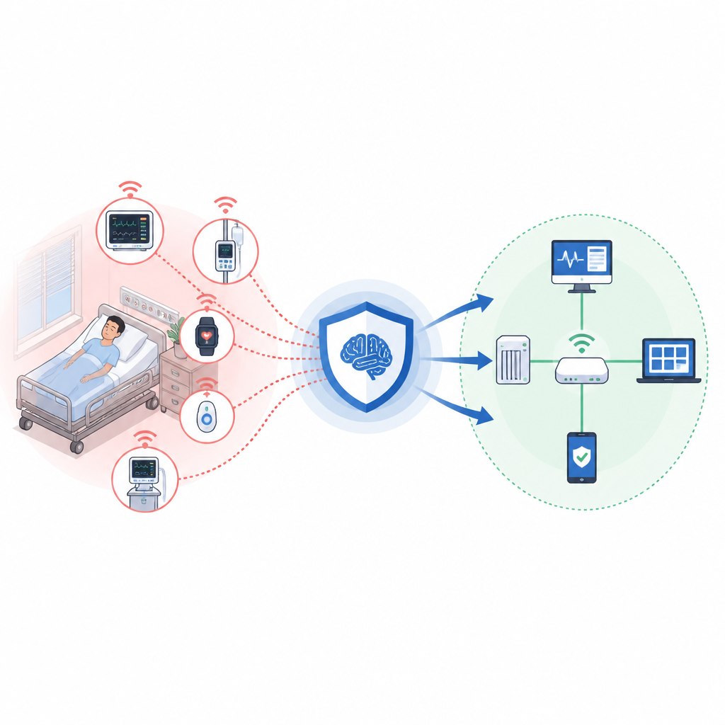 Figure 1. Hoe een intelligent schild ziekenhuis‑IoT‑apparaten in de gaten houdt om patiëntmonitoringsnetwerken te beschermen tegen cyberaanvallen.