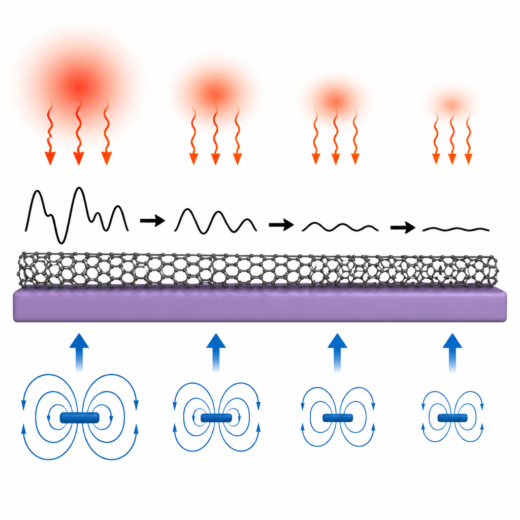 Figure 2. Hoe warmte, magnetische velden en ondersteunende lagen de trillingen van een nanobalk temmen, van wilde bewegingen naar stabiele resonantie.
