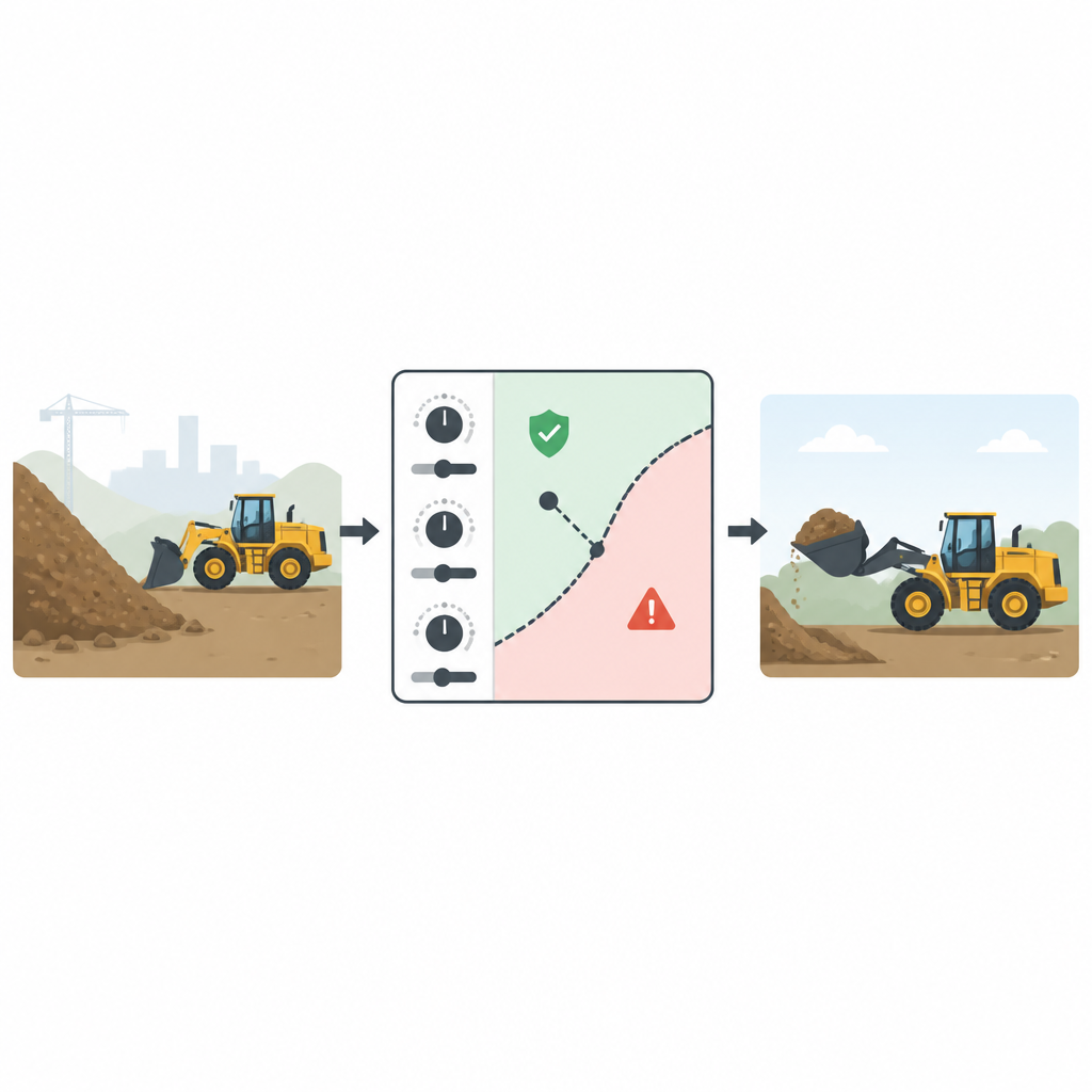 Figure 1. Jak ładowarka kołowa może nauczyć się bezpieczniejszych, bardziej wydajnych ustawień kopania, najpierw korzystając z symulacji, a dopiero potem z pracy w terenie.