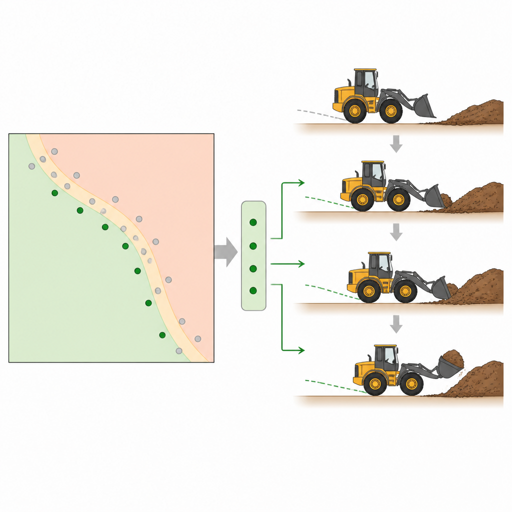 Figure 2. Jak mapowanie krawędzi między bezpiecznym a niebezpiecznym kopaniem pozwala algorytmowi wybierać ustawienia o wysokich zyskach przy mniejszej liczbie poślizgów.