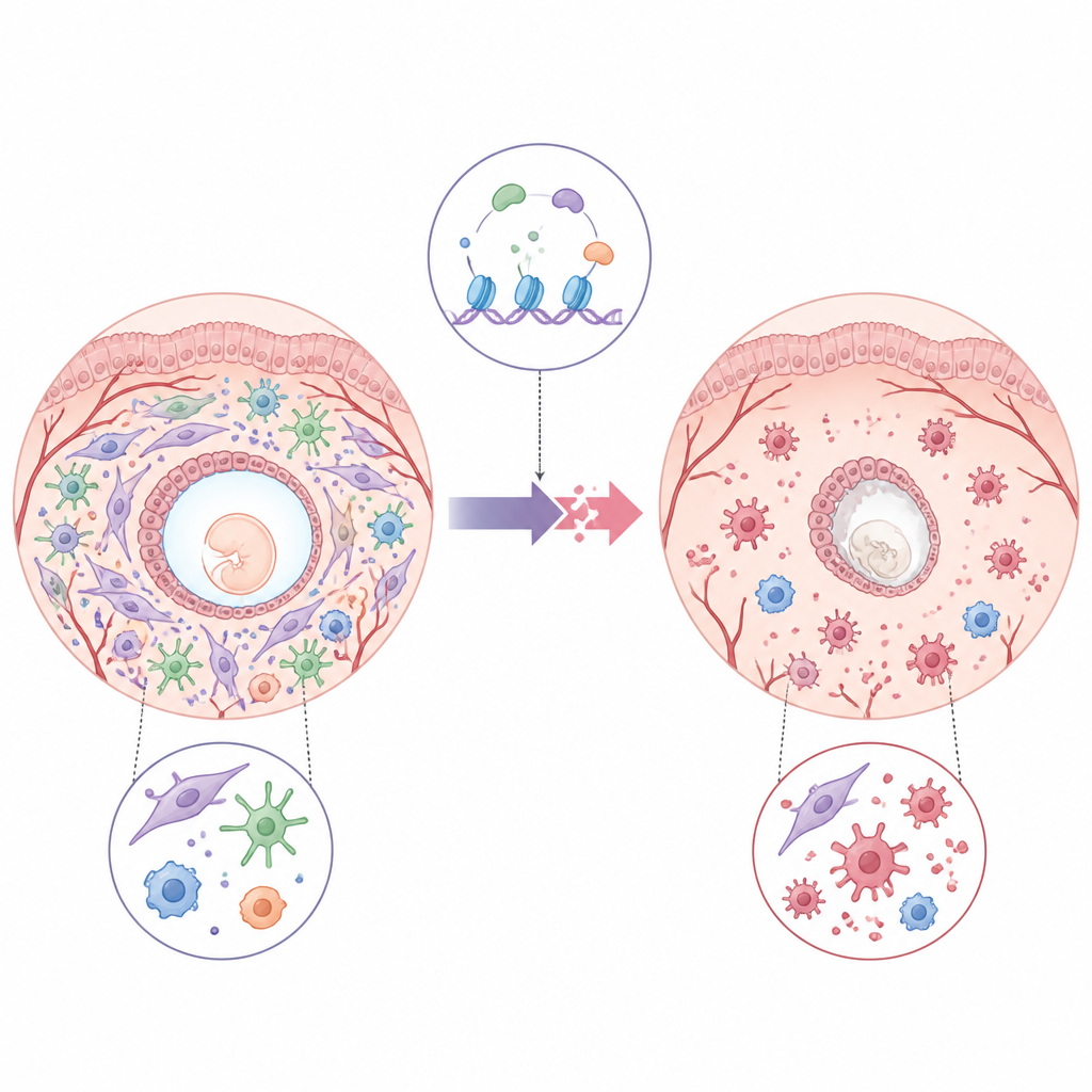 Figure 1. Come le modifiche nei regolatori dell'RNA delle cellule uterine possono trasformare il tessuto da supporto alla gravidanza a promotore di aborti ricorrenti.