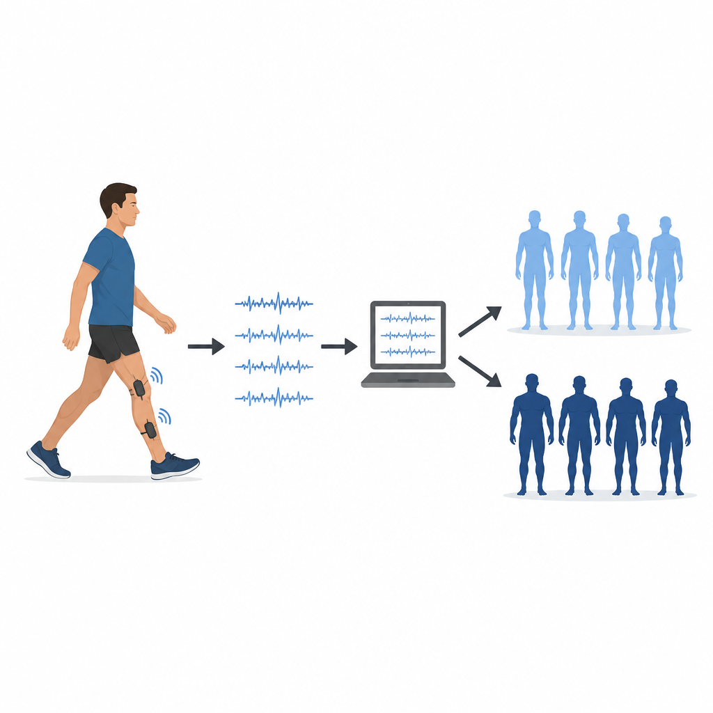 Figure 1. Caminar con pequeños sensores en las piernas permite a los ordenadores clasificar a los adultos en grupos de masa muscular baja o alta.