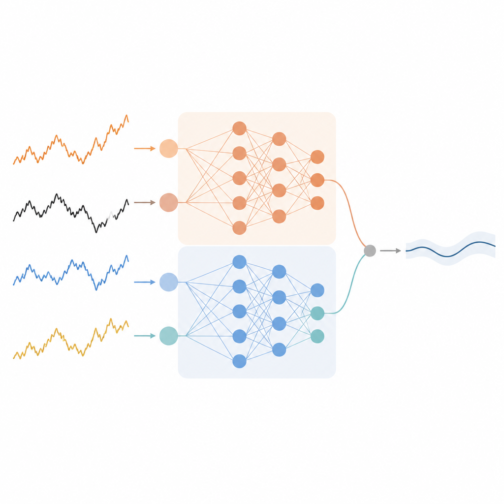 Figure 1. Motore di previsione neurale a due rami che trasforma storie di prezzi di mercato rumorose in una previsione più chiara per il giorno successivo.