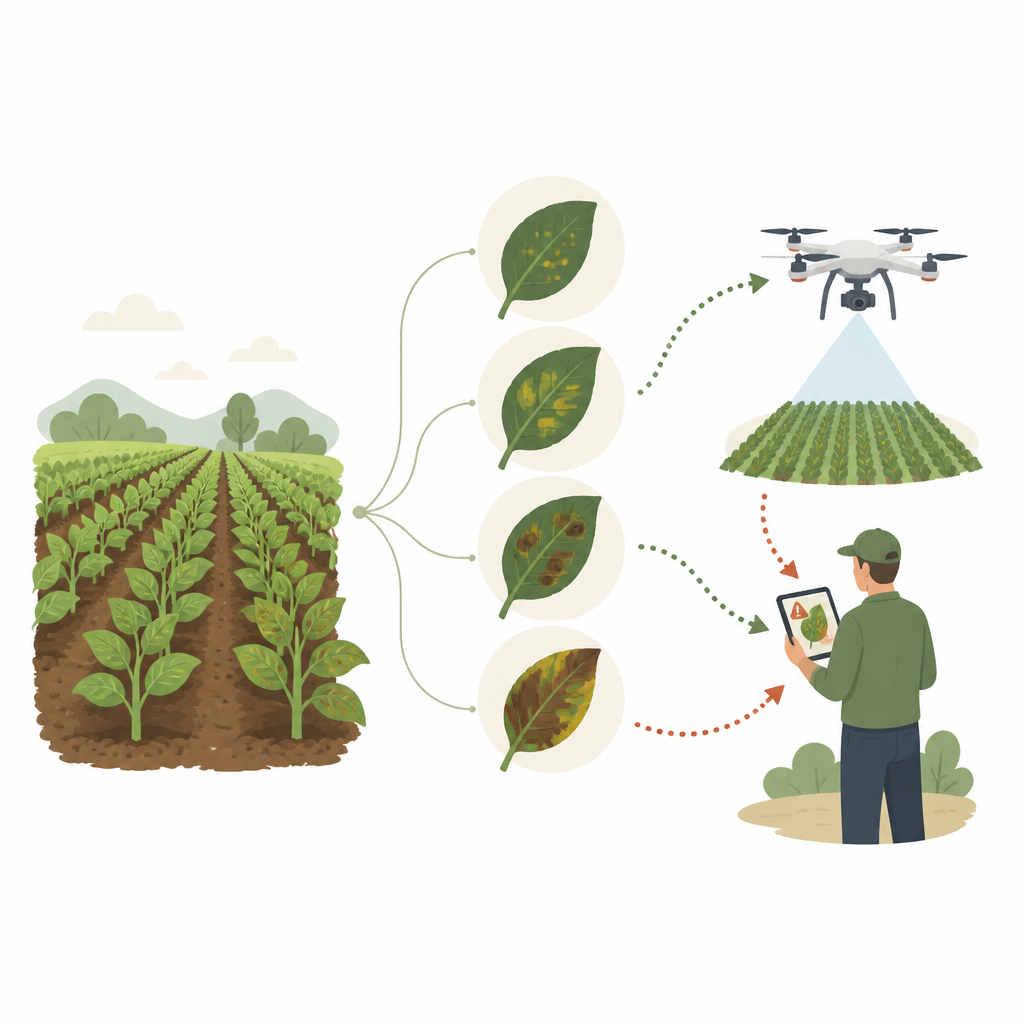 Figure 1. Smart crop monitoring that links leaf photos and field context to show disease risk and support timely farm decisions.
