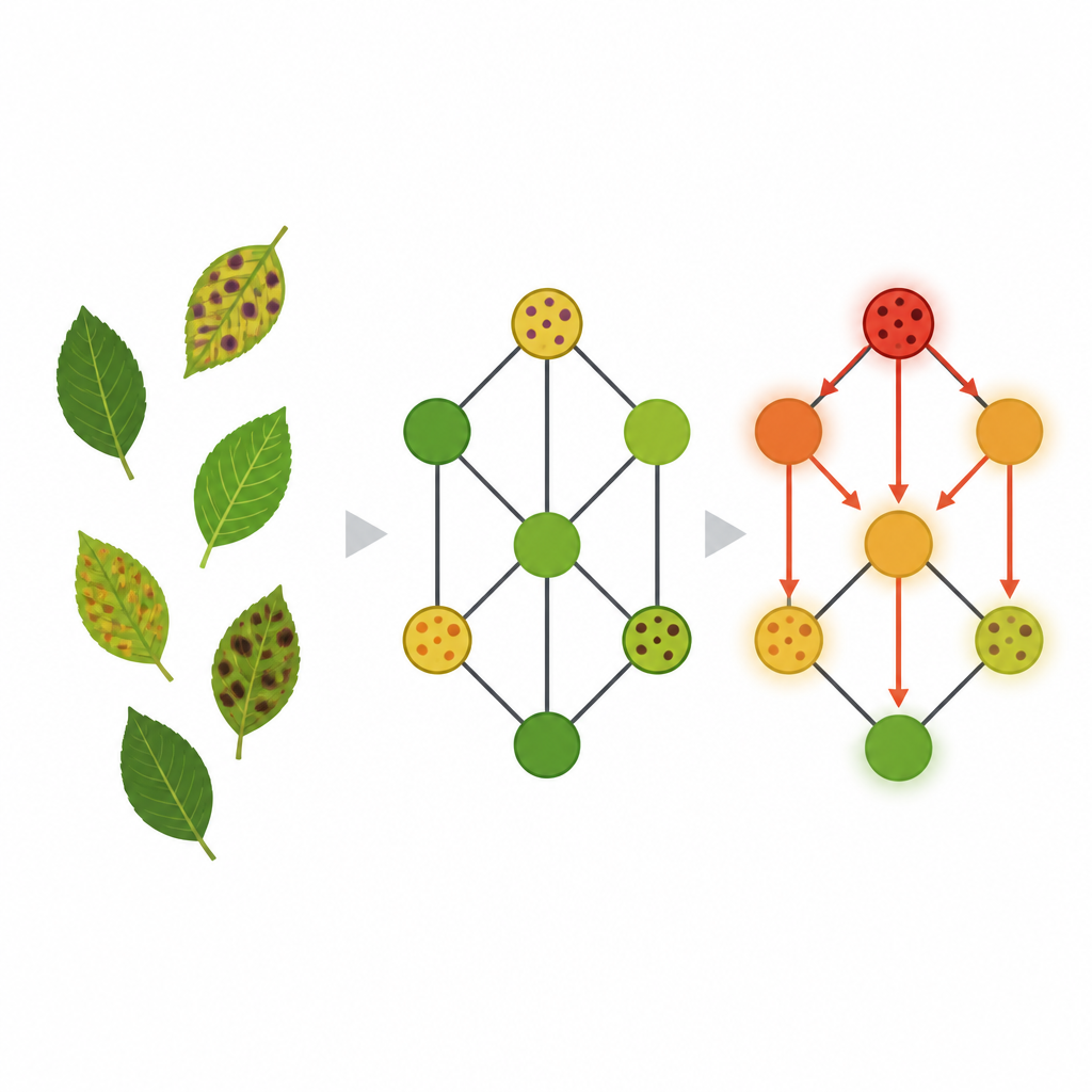 Figure 2. Network of leaves where color and arrows reveal how disease is likely to spread from infected leaves to nearby healthy ones.