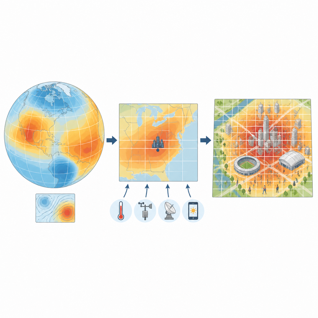 Figure 1. Het omzetten van grofmazige wereldwijde week‑voorspellingen naar gedetailleerde lokale hittekaarten voor een gaststad van zomersporten.