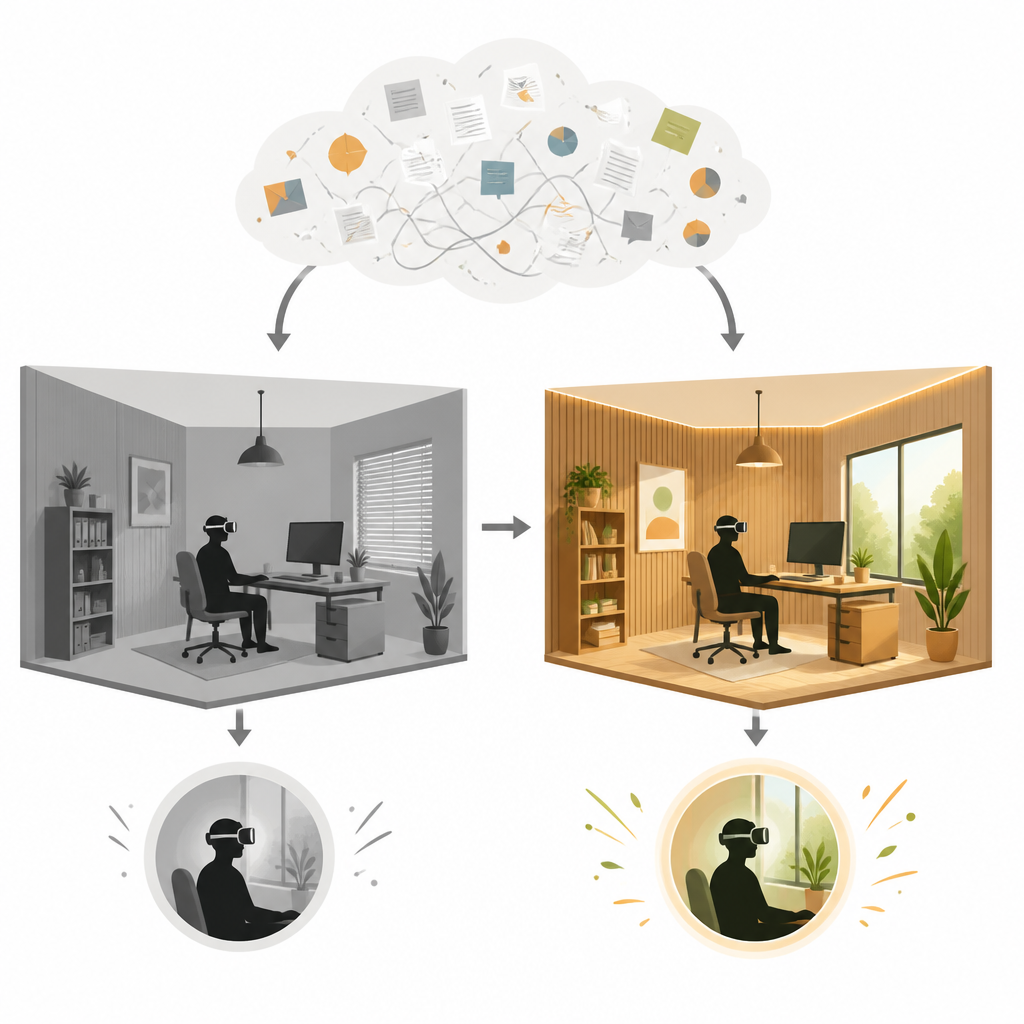 Figure 1. Comparing a cool virtual office to a warm wooden virtual office to show how room design affects focus and comfort.