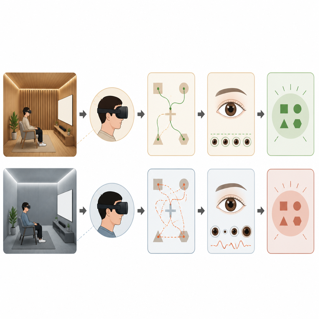 Figure 2. Showing how a wooden virtual room guides calmer eye movements and leads to clearer task outcomes than a plain room.