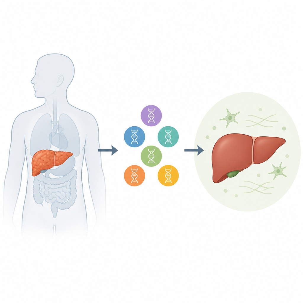 Figure 1. Cómo ciertos genes en el hígado influyen en la acumulación de tejido cicatricial y modelan el curso de la enfermedad hepática.