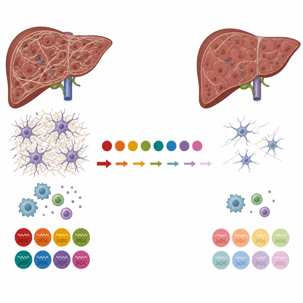 Figure 2. Cómo los cambios en genes clave afectan a las células hepáticas, a las inmunes y a la acumulación de cicatriz para agravar o aliviar la fibrosis hepática.