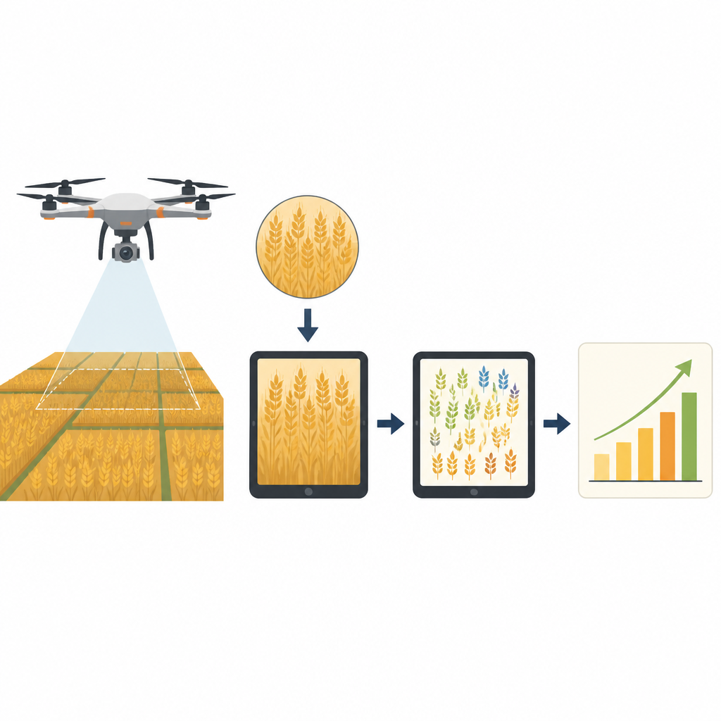 Figure 1. Obrazy pól pszenicy z dronów trafiają do inteligentnego modelu, który wyróżnia i zlicza kłosy pszenicy w celu oszacowania plonu.
