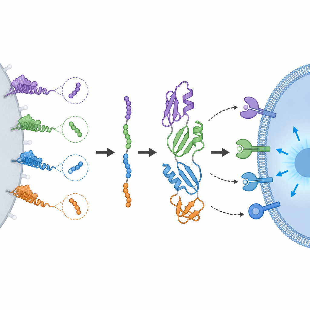 Figure 2. Wie kurze Abschnitte mehrerer bakterieller Haftmoleküle zu einem Impfstoff fusioniert werden, der starke Interaktionen mit Immunrezeptoren auslöst