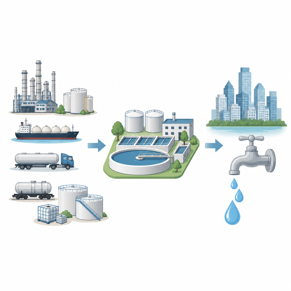 Figure 1. Cómo fluyen los suministros químicos desde las fábricas hasta las plantas de tratamiento para mantener el agua potable urbana segura y continua.