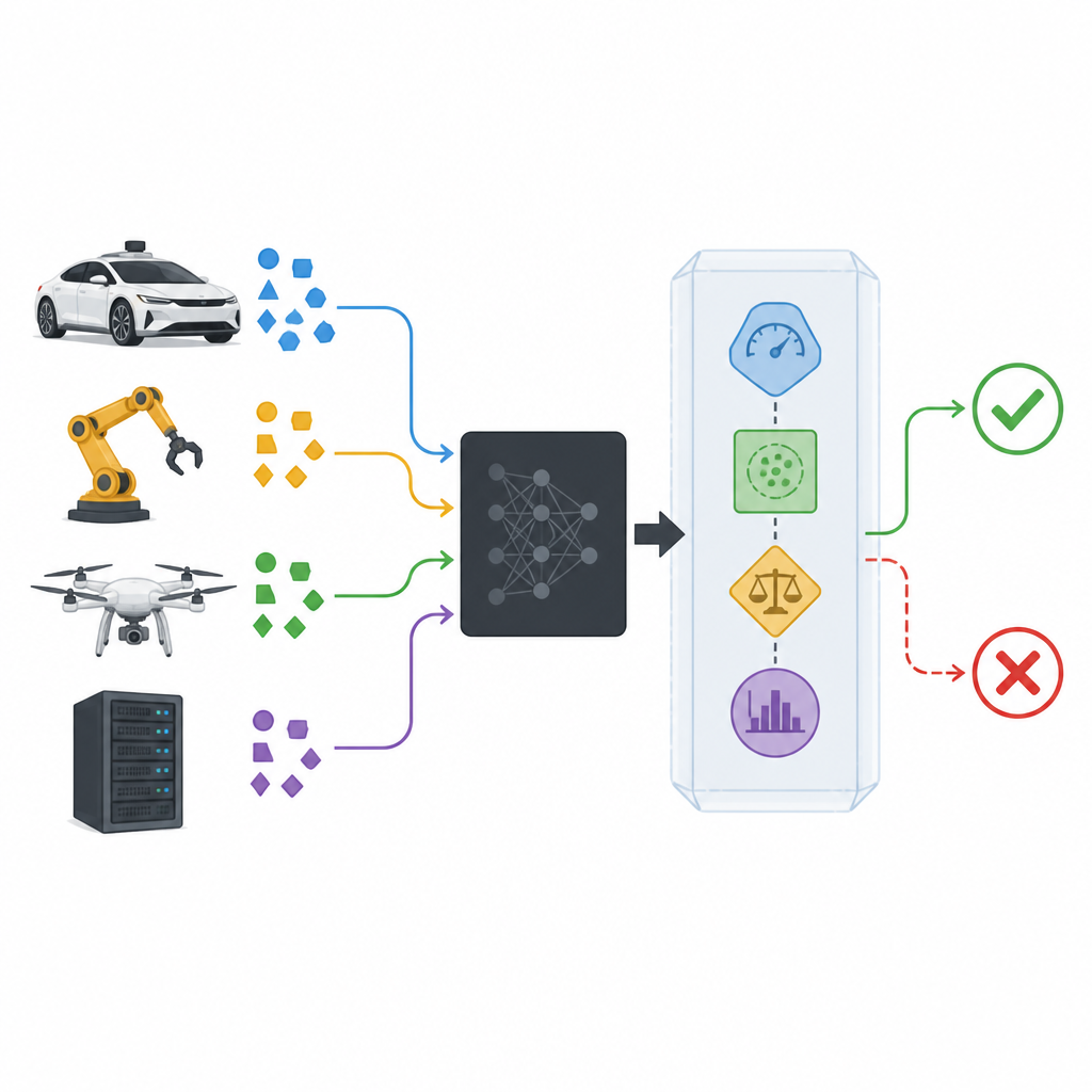Figure 1. Güvenlik sarmalının gerçek dünya otomasyonunu şüpheli AI kararlarından nasıl koruyabileceği
