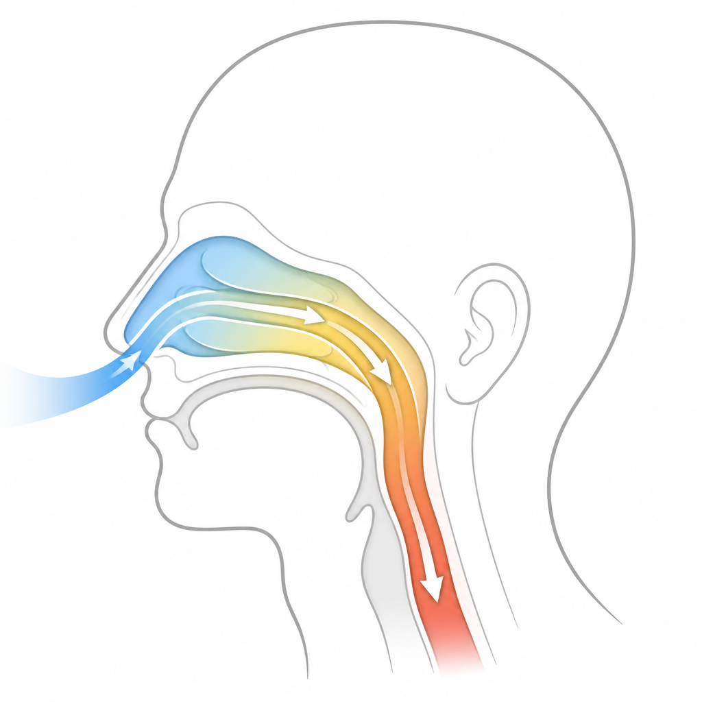Figure 1. Cómo la nariz calienta suavemente el aire frío exterior antes de que llegue a los pulmones.