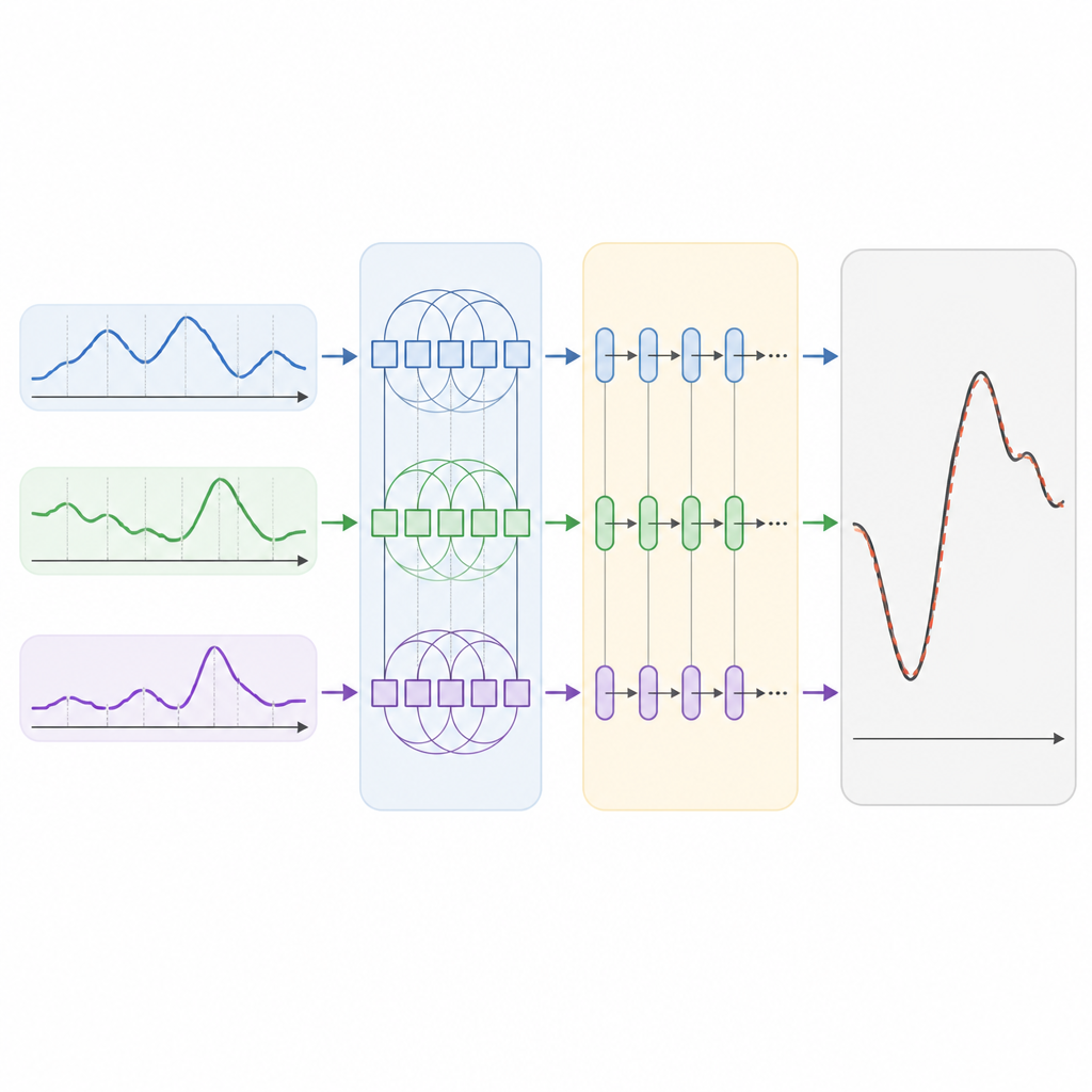 Figure 2. كيف تُحَوِّل خطوات الجمع بين الانتباه وتتبع الحالة بيانات الآبار الصاخبة إلى مطابق قريب للإنتاج الفعلي للغاز