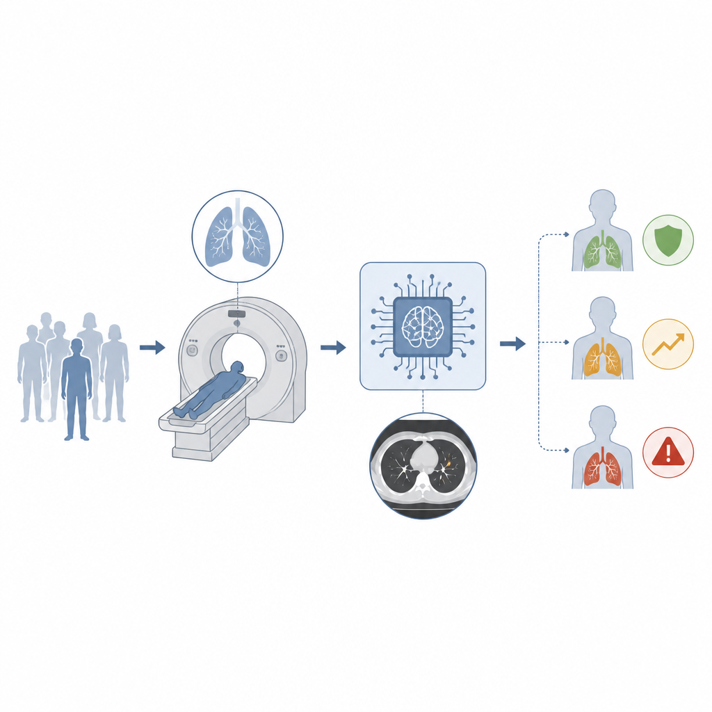 Figure 1. El análisis por IA de radiografías de tórax rutinarias convierte pequeños cambios pulmonares ocultos en señales claras de riesgo a largo plazo.