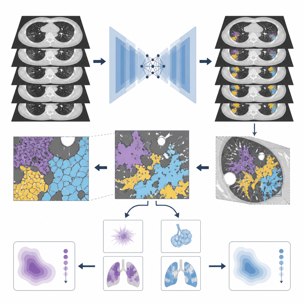 Figure 2. Visión paso a paso de imágenes TC pulmonares procesadas por IA que separa y cuantifica parches anormales para evaluar el riesgo futuro.