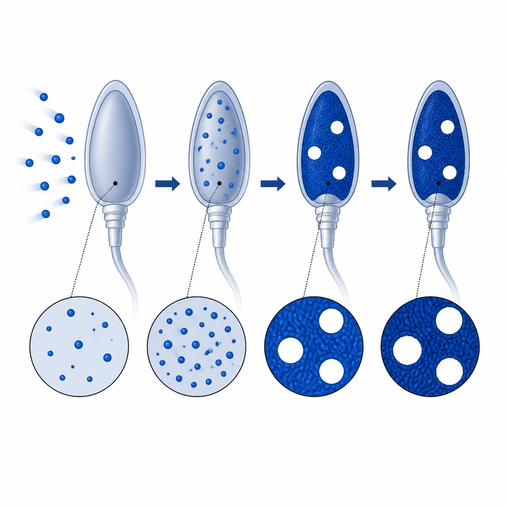 Figure 2. Hoe blauwmoleculen zich binden aan dichtgepakt sperma-DNA terwijl ronde lege zakjes ongekleurd blijven, waardoor vacuolen zichtbaar worden.