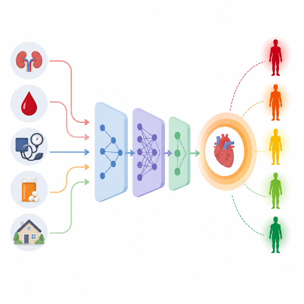Figure 2. How health, kidney, and social factors combine in a model to estimate future heart problems.