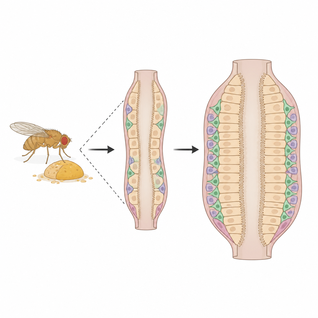 Figure 1. Cómo la ingesta de alimentos indica a las células madre intestinales que reconstruyan y amplíen el revestimiento intestinal en una mosca de la fruta.