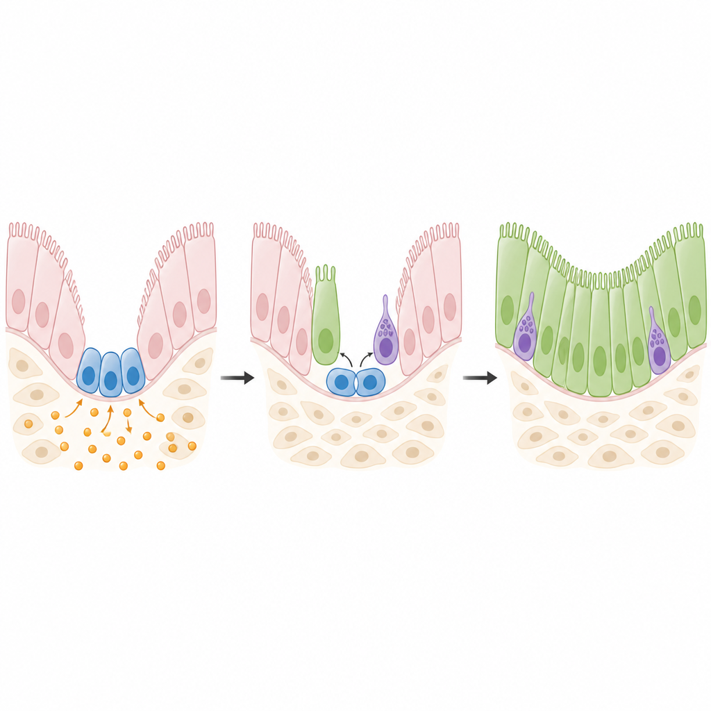 Figure 2. Cómo las señales de nutrientes guían a las células madre del intestino para crecer y elegir entre células absortivas y productoras de hormonas.
