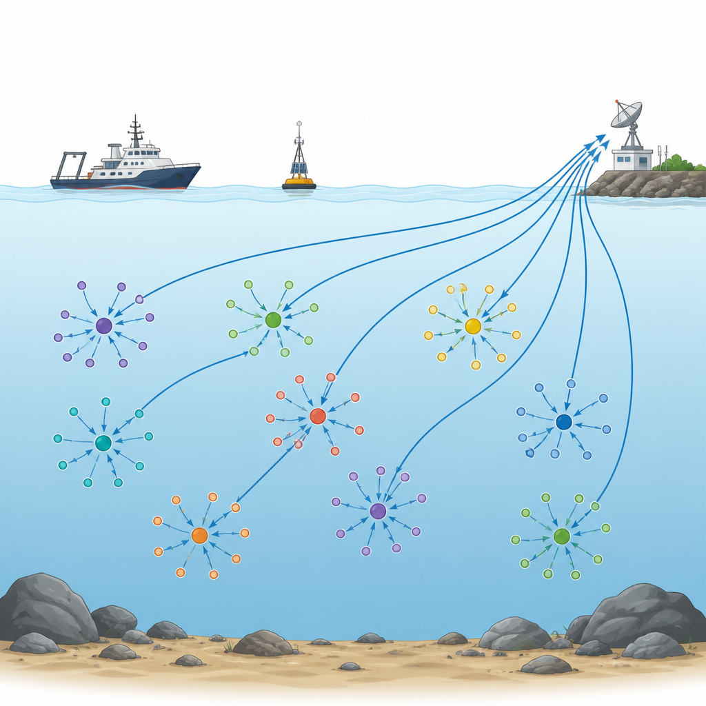 Figure 1. Hoe slimme groepering en routering van zeebodem-sensoren de levensduur van onderwater-monitoringnetwerken verlengt.