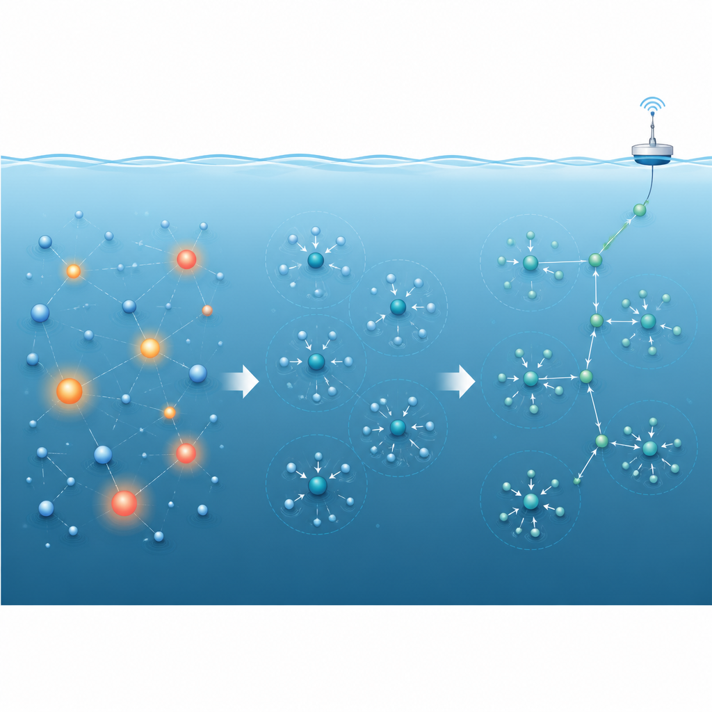 Figure 2. Stapsgewijze weergave van hoe sensoren clusters vormen en gegevens over korte, efficiënte onderwaterpaden doorgeven.