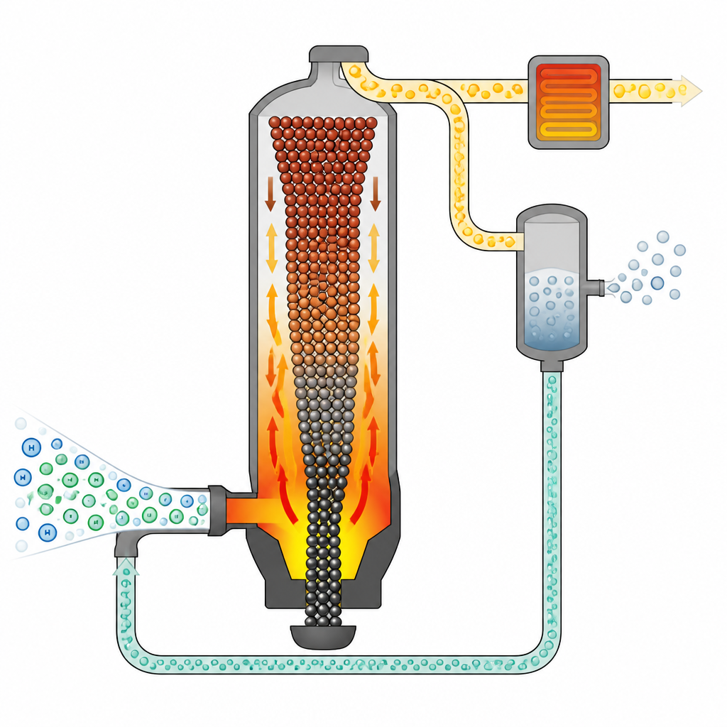 Figure 2. Wie Heißgas- und Erzströmungen durch einen Schachtofen und recycelte Abgase die Eisenausbeute steigern und CO2 senken.