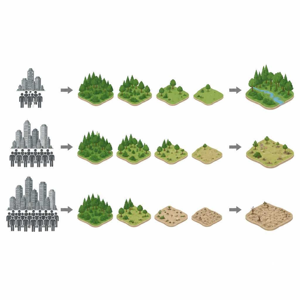 Figure 1. Come le popolazioni in crescita e la pressione di raccolta determinano il destino di una risorsa naturale rinnovabile nel tempo.