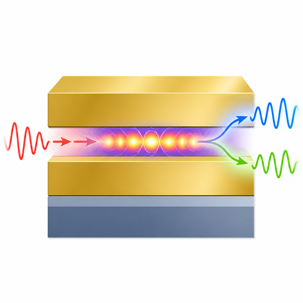 Figure 2. Stark eingeengtes Licht in einem nanoskaligen Spalt wandelt Pump-Photonen in korrelierte Paare um und reduziert Rauschen in bestimmten Lichtgrößen.