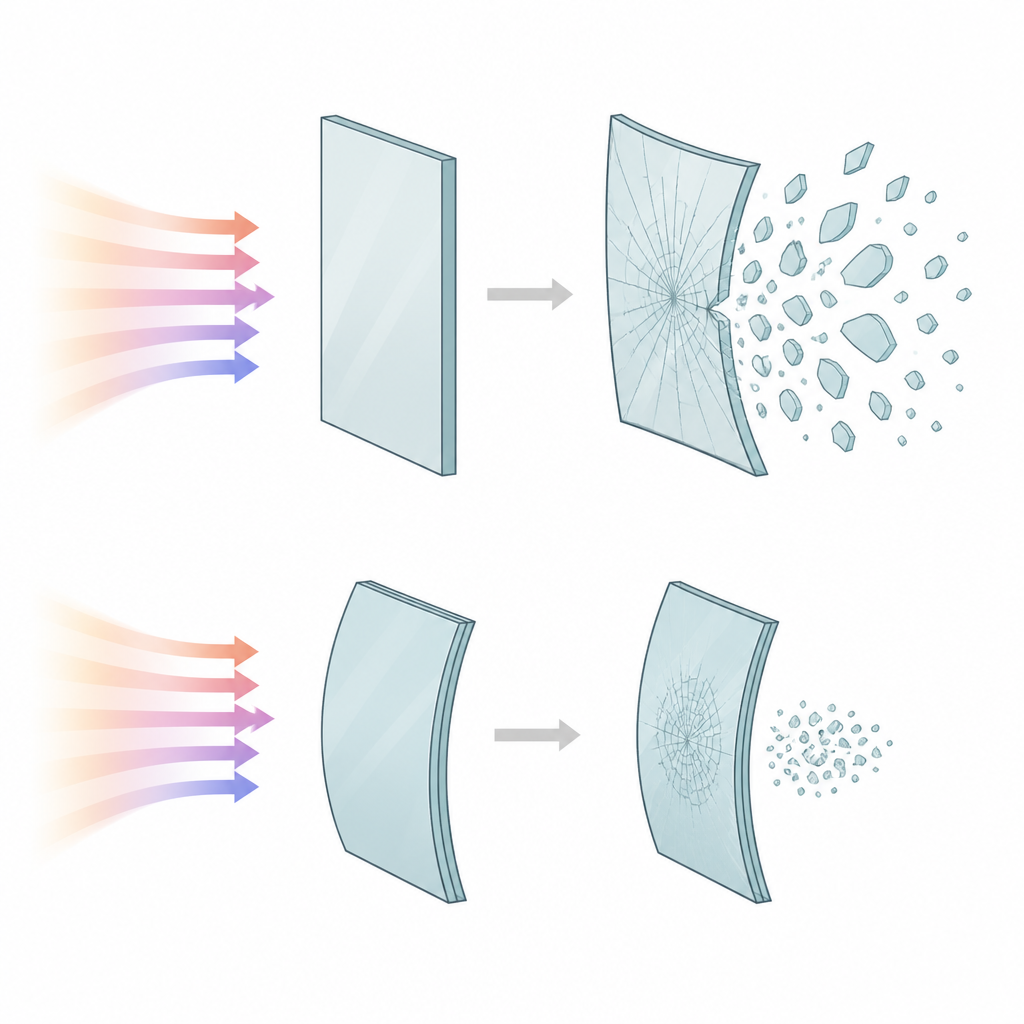 Figure 1. Gebogene Sicherheitsglasscheiben können Explosionen besser widerstehen als flache Scheiben, weil sie sich weniger biegen und länger zusammenhalten.